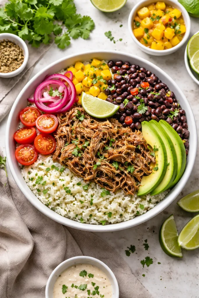 Cuban rice bowl with mojo pork, beans, and toppings in a bowl