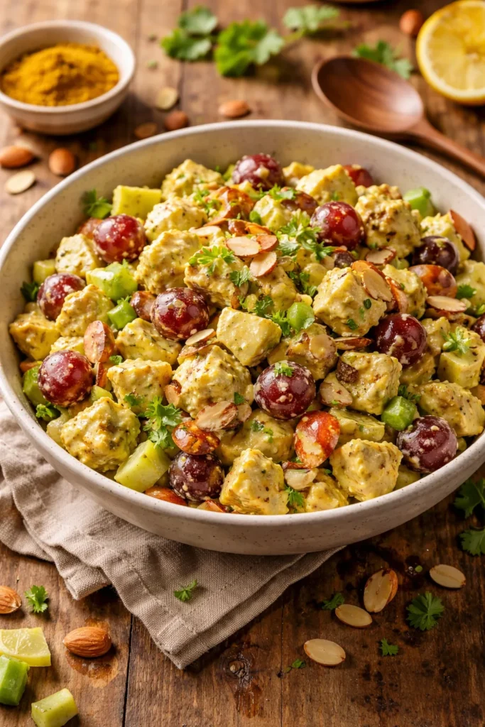 Curry chicken salad with grapes and apples in a bowl