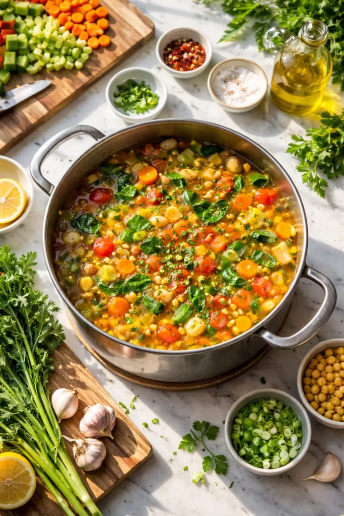 Pot of vegetable soup with colorful vegetables in broth