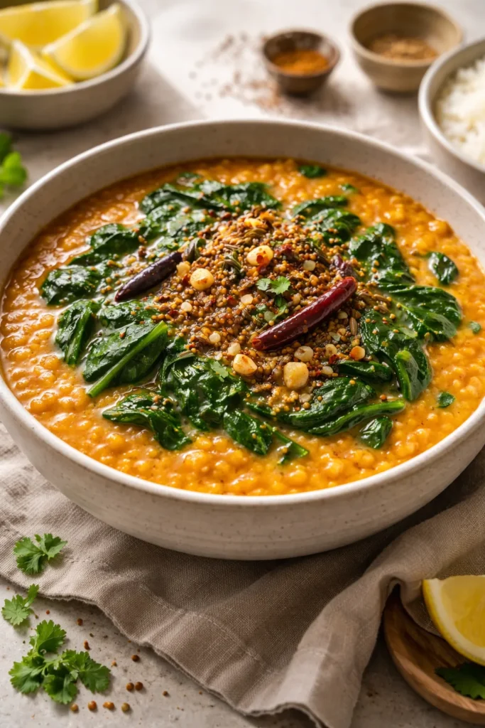 Creamy lentil dal with wilted spinach in a bowl