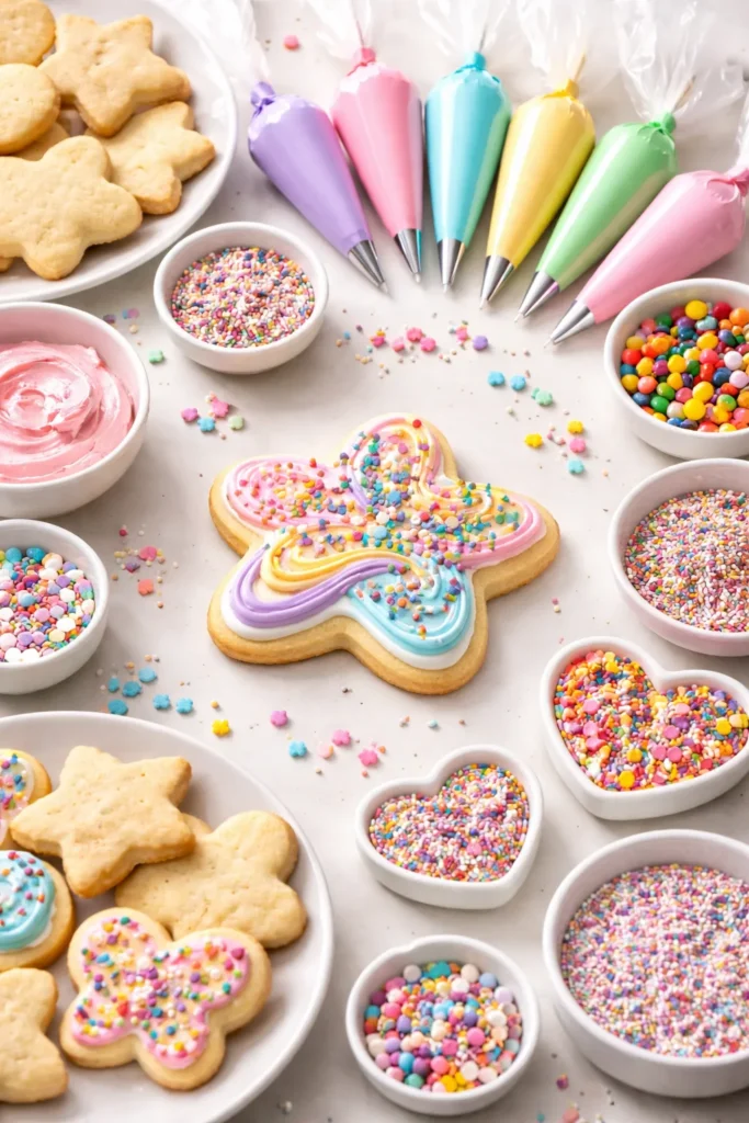 Decorated sugar cookie with colorful icing and sprinkles