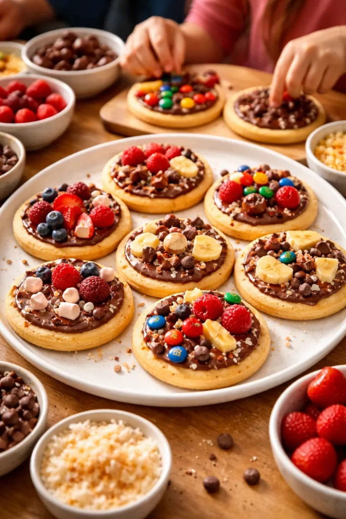Mini dessert pizzas with assorted toppings on plate