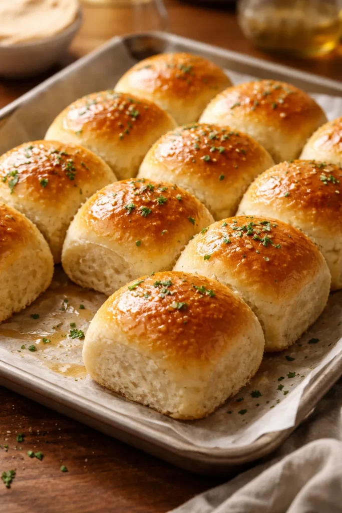 Fluffy golden dinner rolls on parchment-lined pan