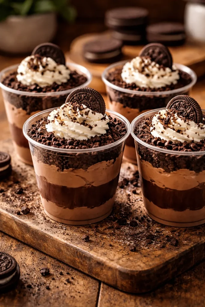 Dirt cups with pudding, crushed cookies and whipped cream in clear cups
