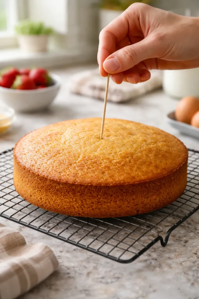 Toothpick test on a cake to judge doneness