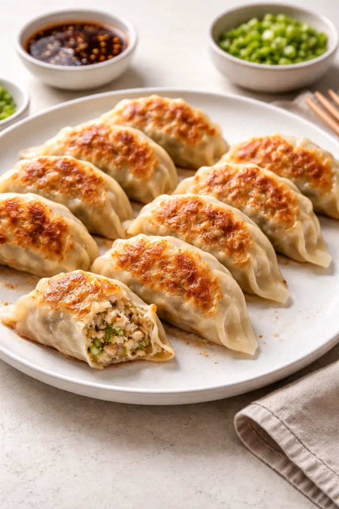 Pan-fried pork and napa cabbage dumplings arranged on plate