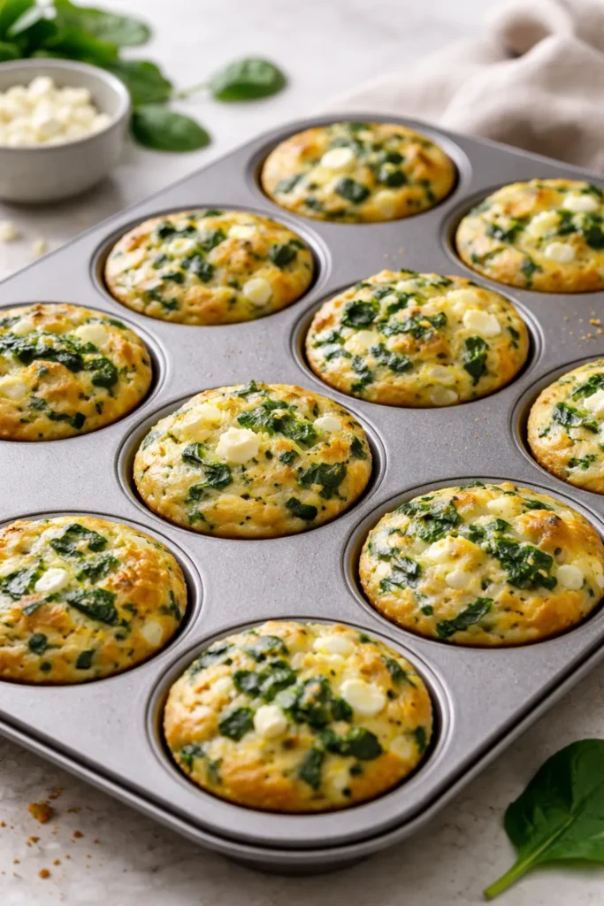 Muffins in a muffin tin with spinach and feta visible