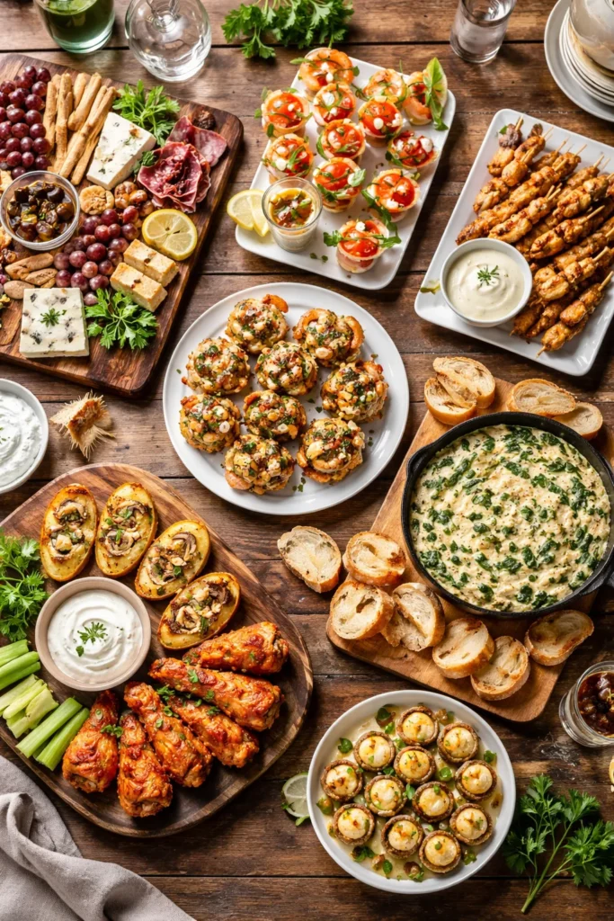 Top-down view of an eight-item appetizer spread on a wooden table