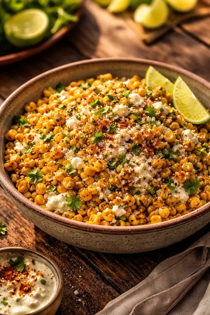 Close-up of esquites in a rustic bowl with charred corn and cotija