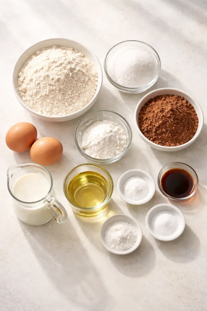 Top-down flatlay of essential baking ingredients