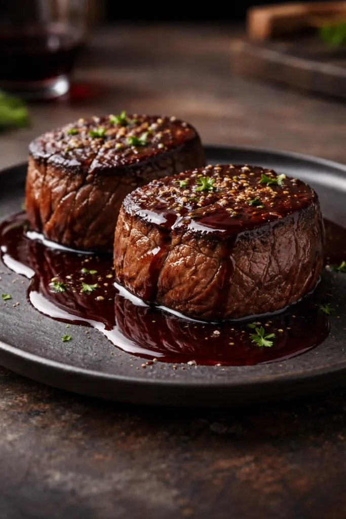 Filet mignon with merlot reduction on a dark plate.