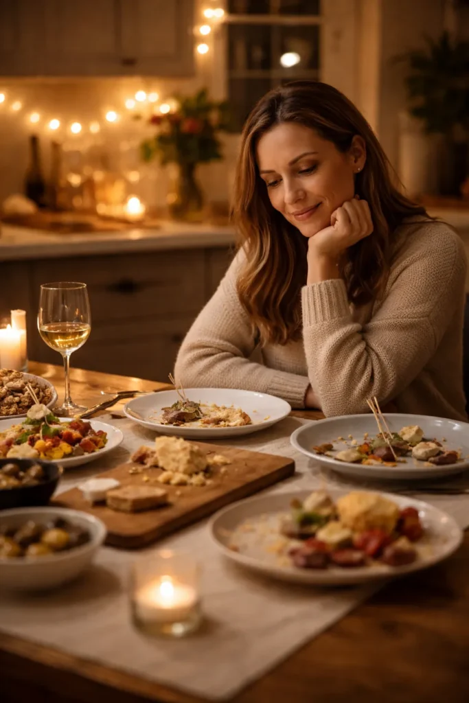 Reflective person at a quiet kitchen table with empty plates