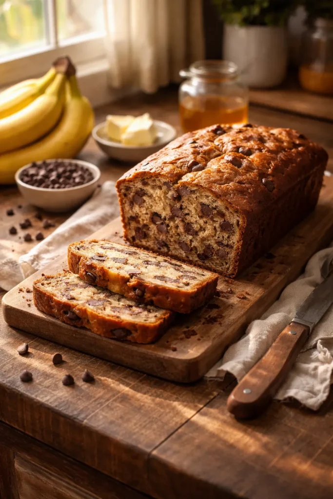 Warm banana bread loaf on wooden board in cozy kitchen