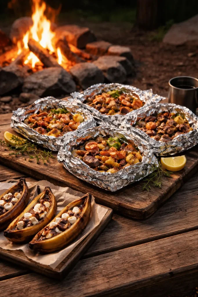 Finished foil packets on rustic wood near campfire with banana boats nearby