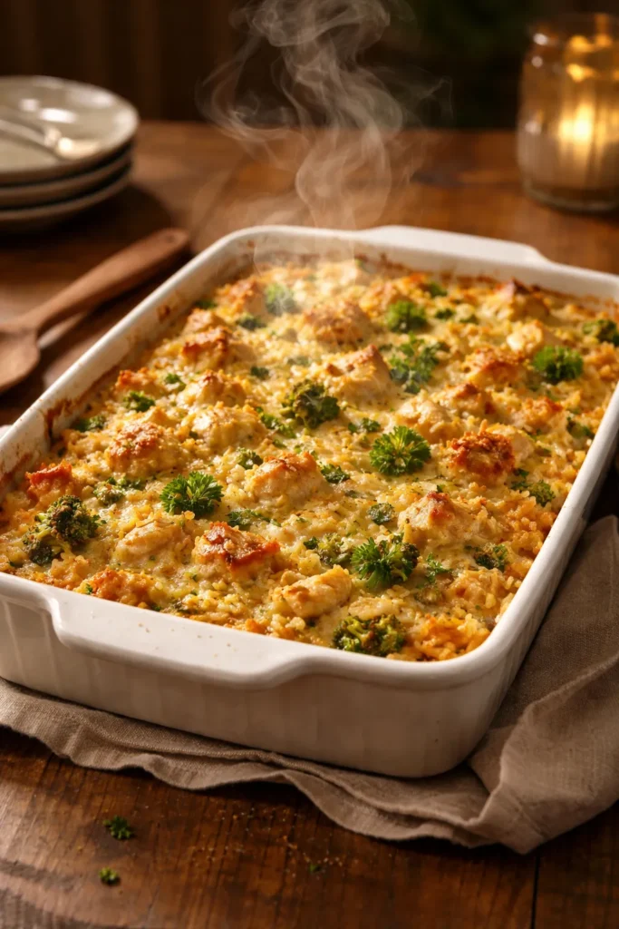 Finished casserole dish on a wooden table with warm lighting