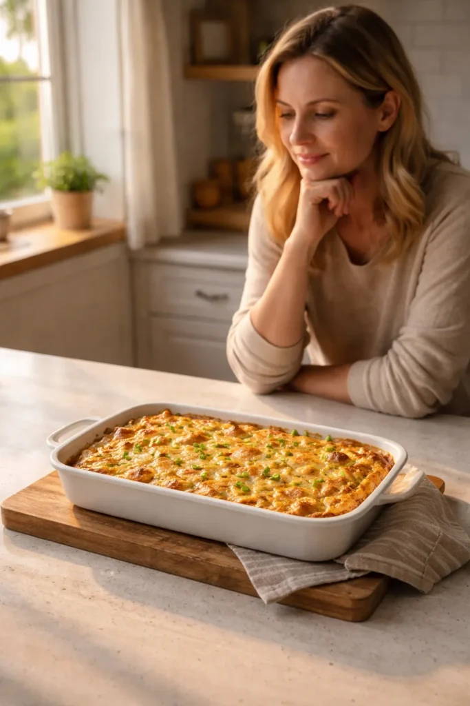 Contemplative home cook with a single casserole dish in a warm kitchen, symbolizing final thoughts on crowd-friendly meals
