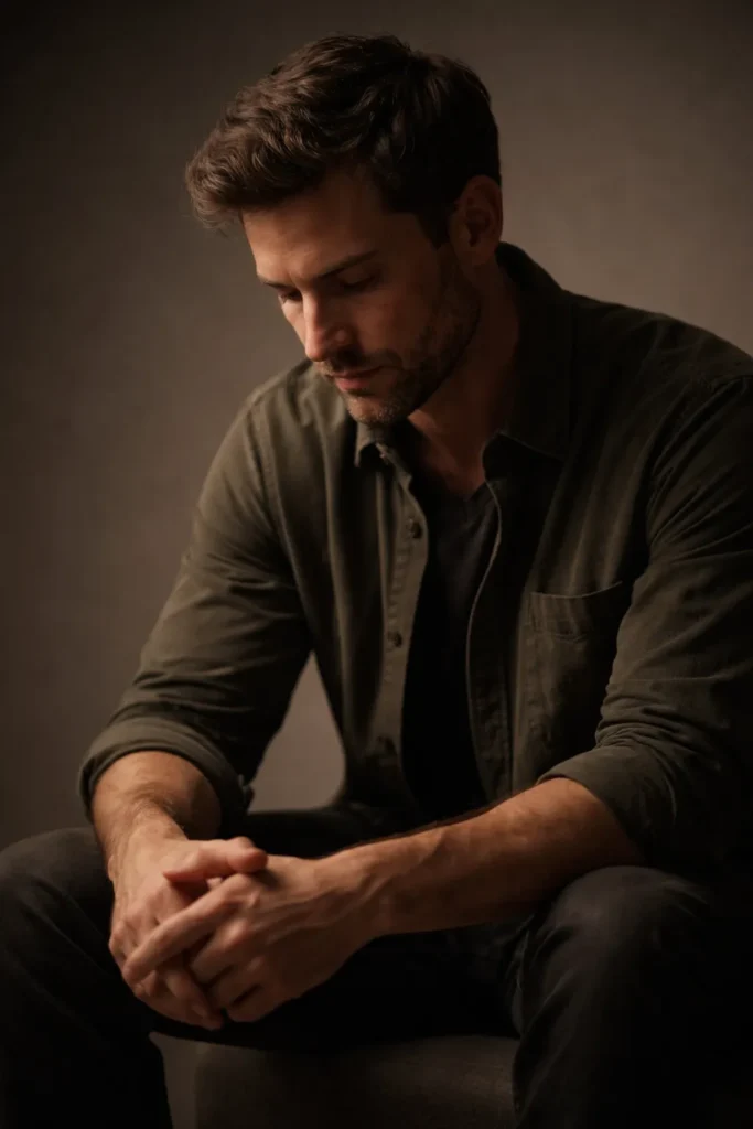 Close-up portrait of a solitary contemplative figure against a neutral background, representing final thoughts