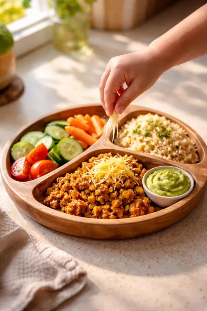 Close-up of a deconstructed kid-friendly dinner on a wooden plate with separated components and a child's hand sprinkling cheese