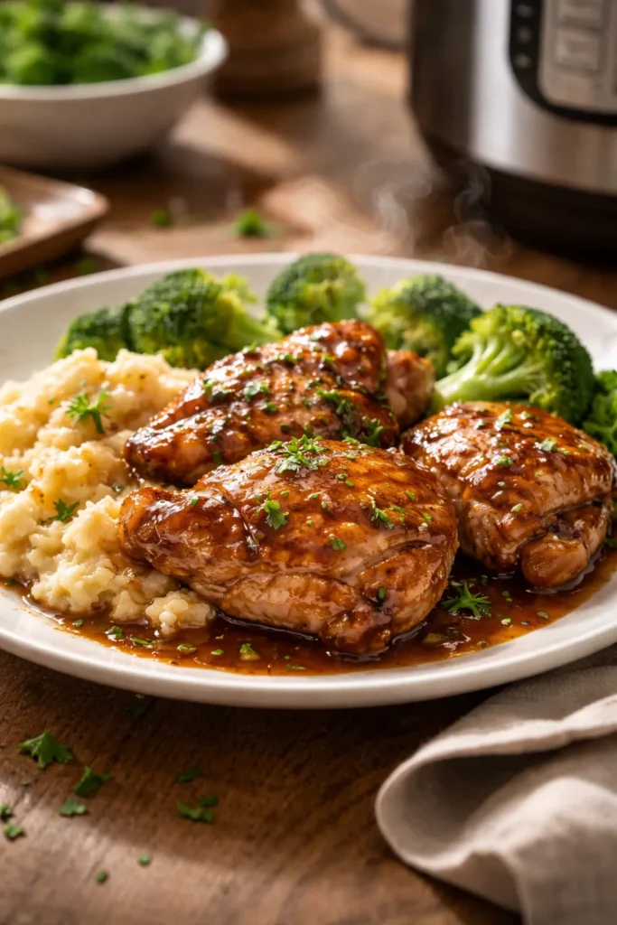 Finished Instant Pot dinner with browned meat and herbs ready to serve