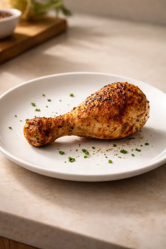 Single crispy drumstick on white plate in a minimalist setting