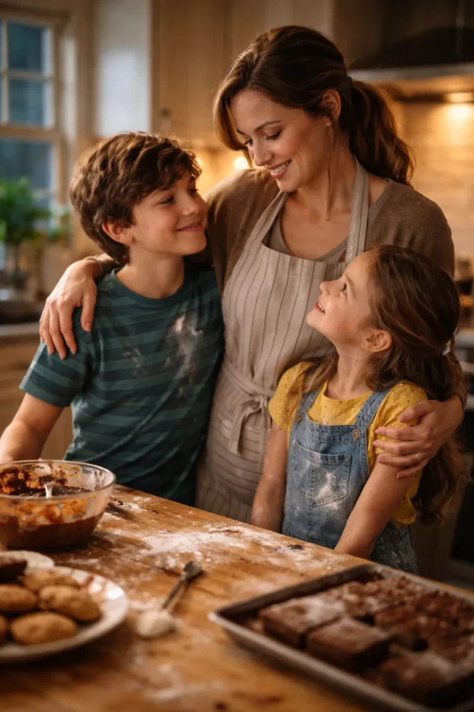 Warm kitchen scene of a family smiling together after dessert making, with flour on sleeves