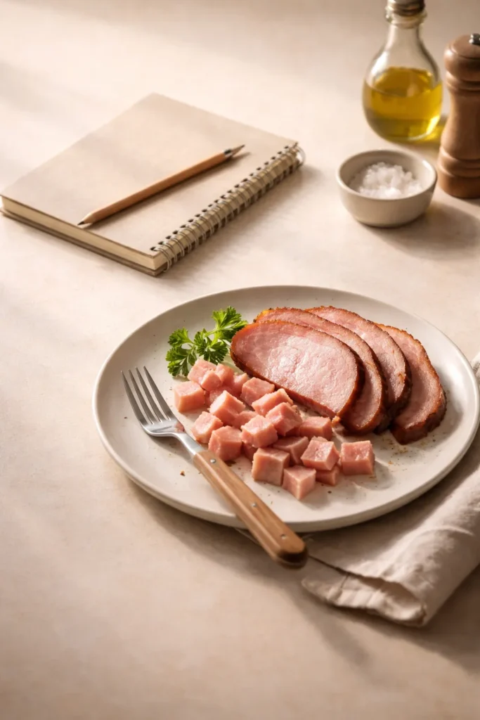 Minimalist still life with notebook and plate of ham leftovers