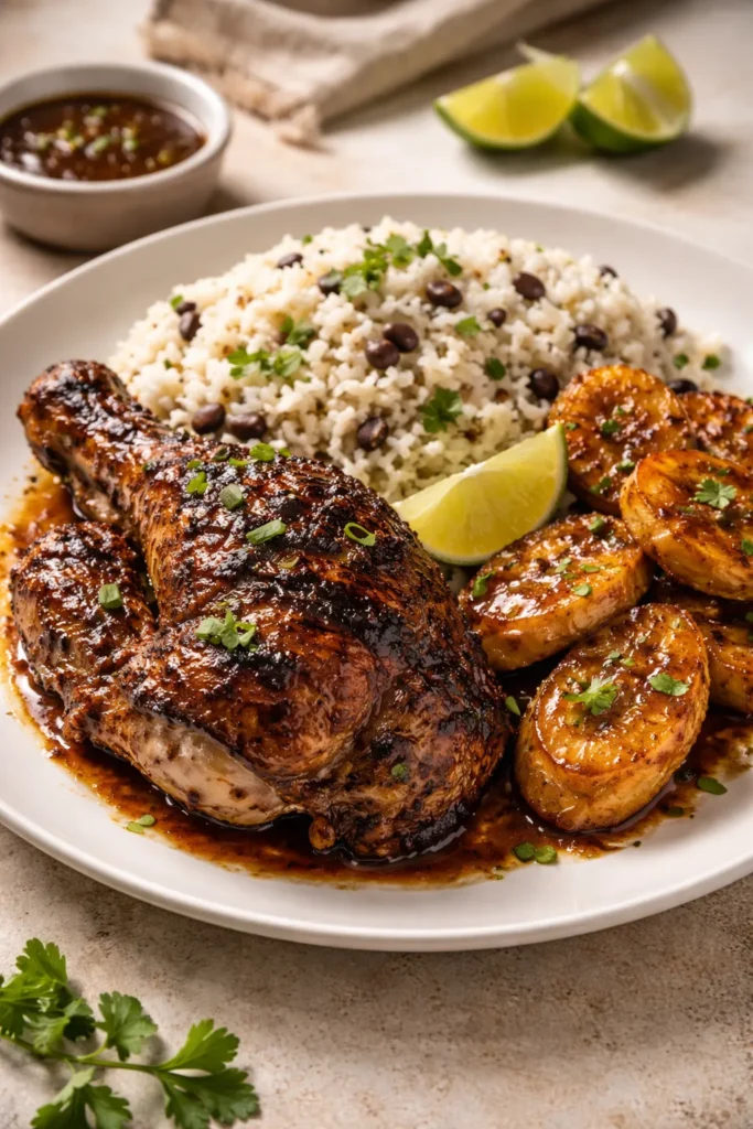 Plated jerk chicken with coconut rice and plantains