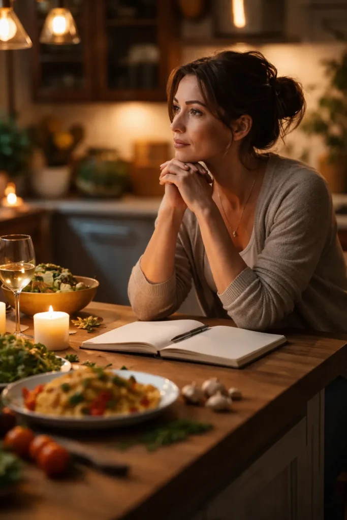 Contemplative kitchen moment with a blank notebook and resting hands