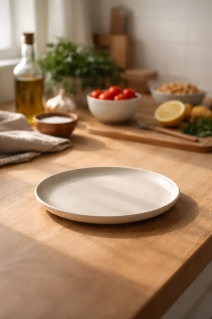 Minimal kitchen scene with a plain plate on wood surface