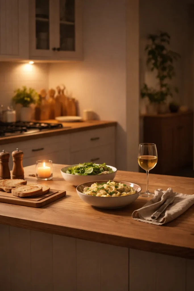 Minimalist kitchen scene reflecting on homemade dinners