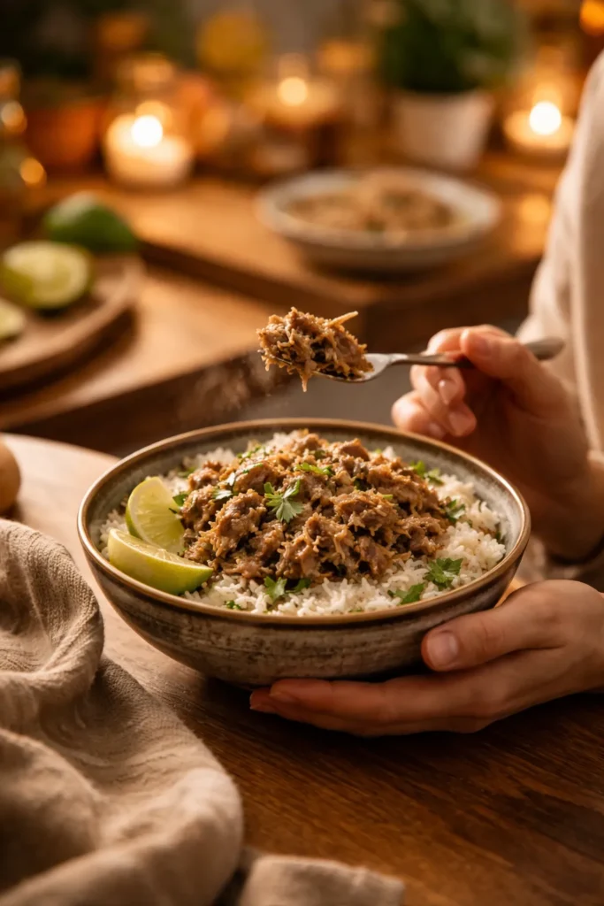 Contemplative diner enjoying mojo pork bowl in a cozy kitchen