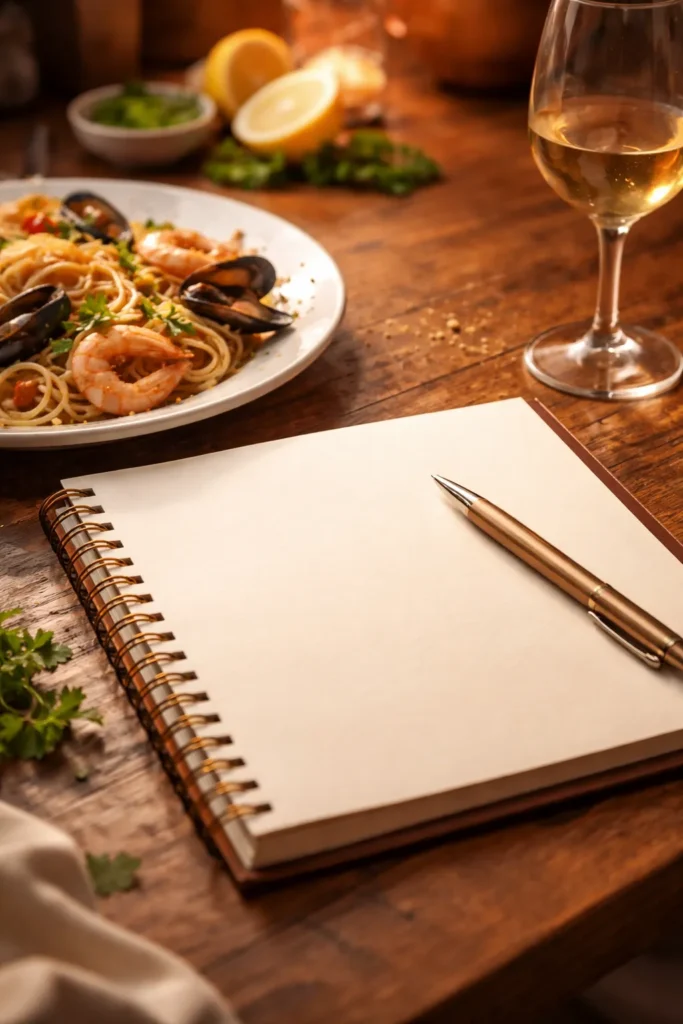 Blank notebook on wooden table under warm light, representing final thoughts after a meal