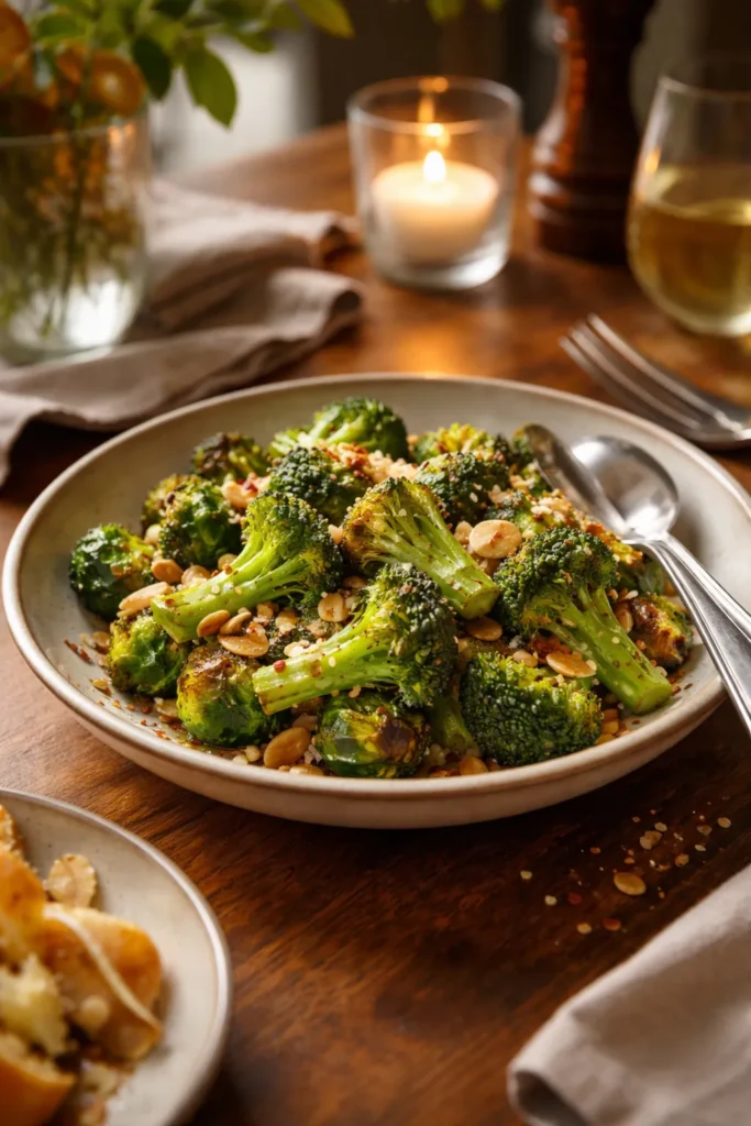 Plated vegetable side on a warm wooden table with soft lighting
