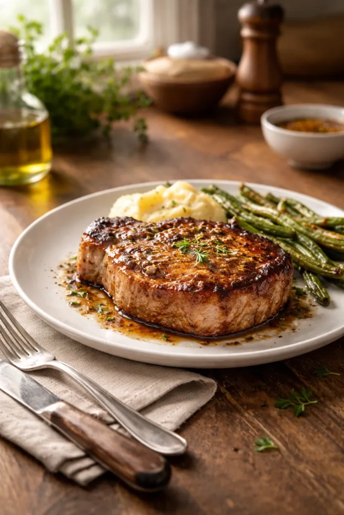 Plated pork chop in a calm kitchen mood