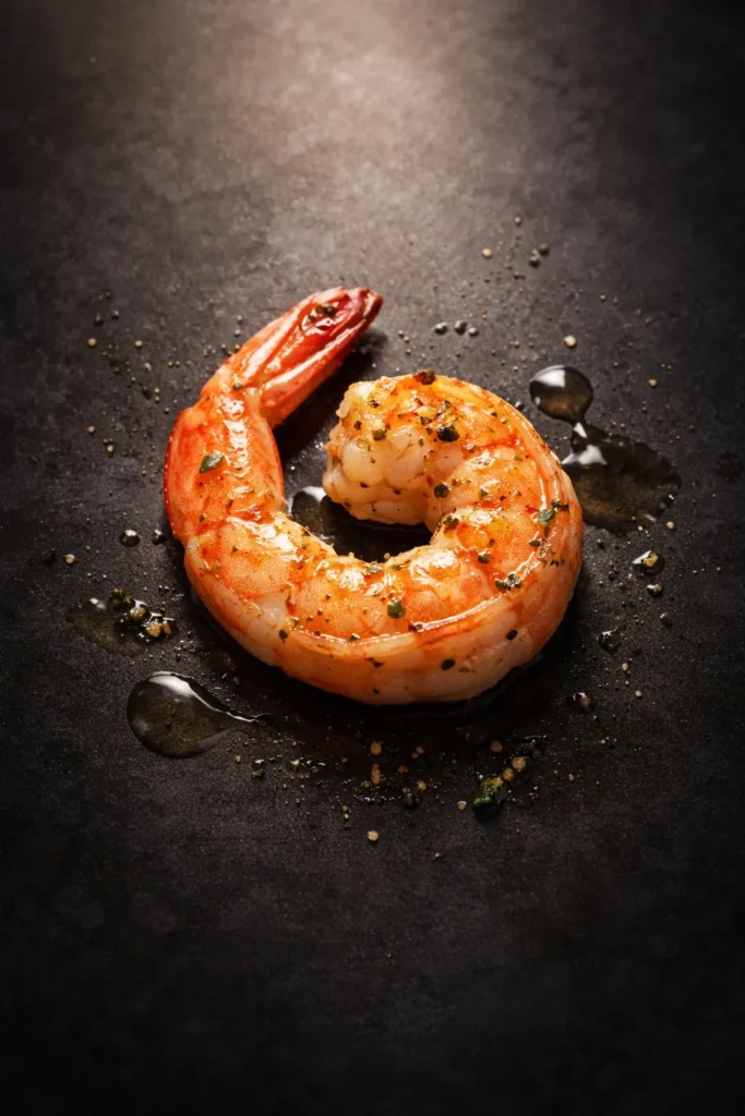 Abstract shrimp silhouette on a dark reflective surface