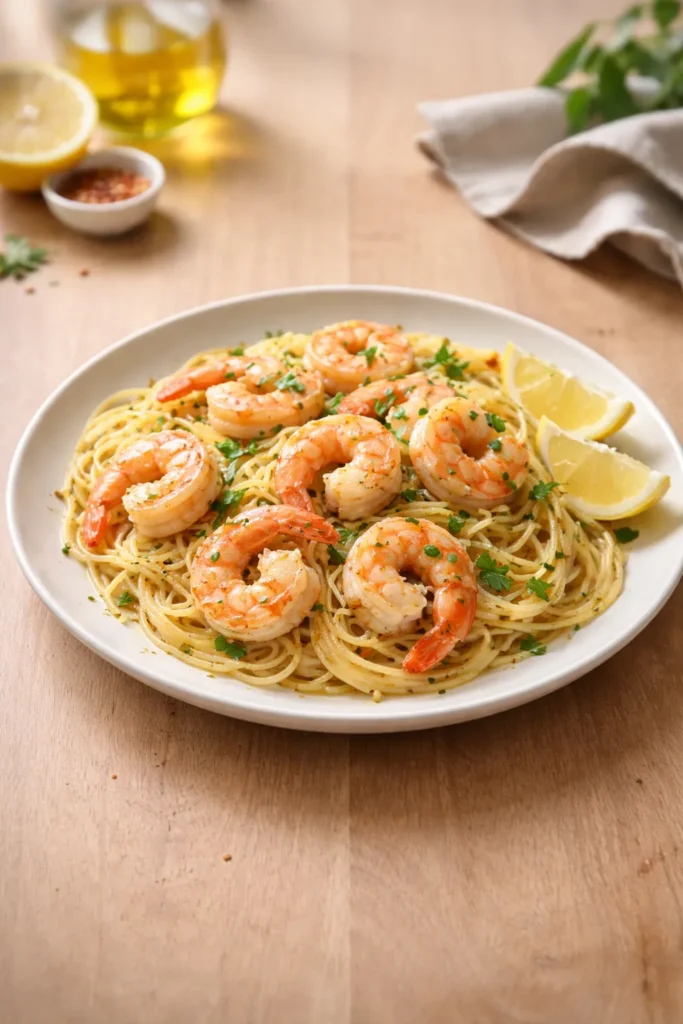 Minimal plate of shrimp scampi on wood surface