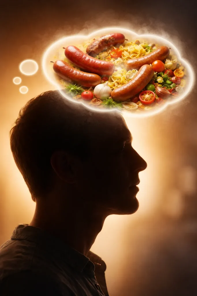 Close-up silhouette of a head in profile with warm glow, symbolizing final thoughts on sausage dinners