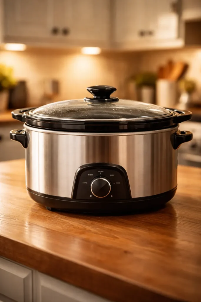 Close-up of a slow cooker with lid on, on a clean kitchen counter, warm lighting