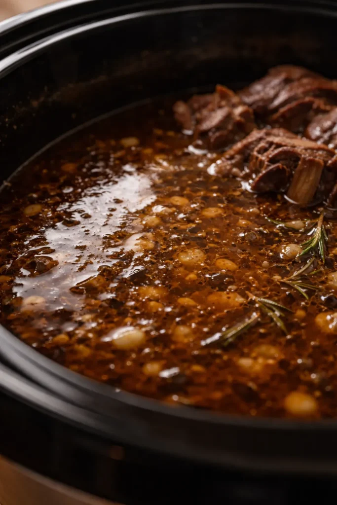Glistening braising liquid at bottom of slow cooker