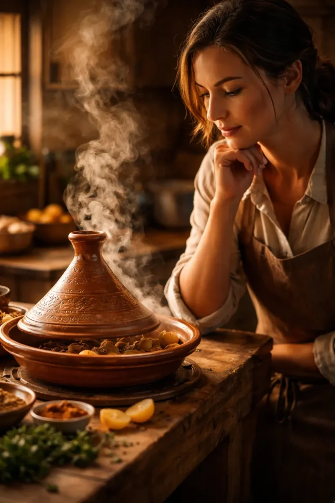 Thoughtful home cook beside a steaming Moroccan tagine in a warm kitchen.