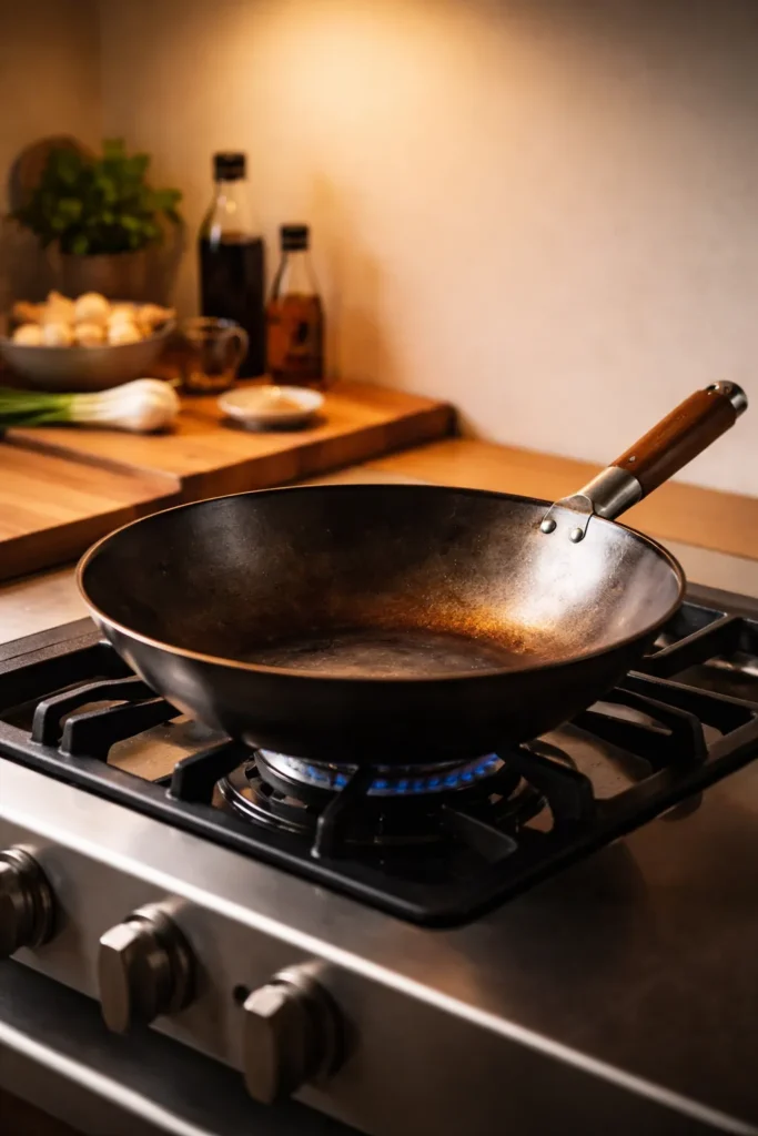Wok resting in warm kitchen ambiance to symbolize final thoughts on wok cooking