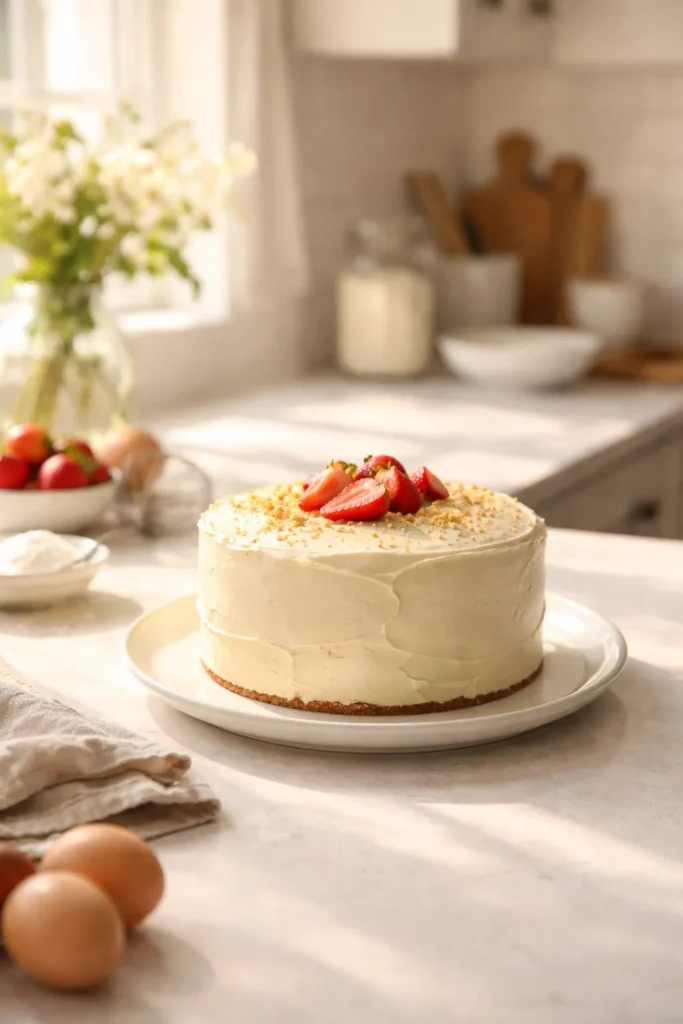 Finished cake on plate in a calm kitchen