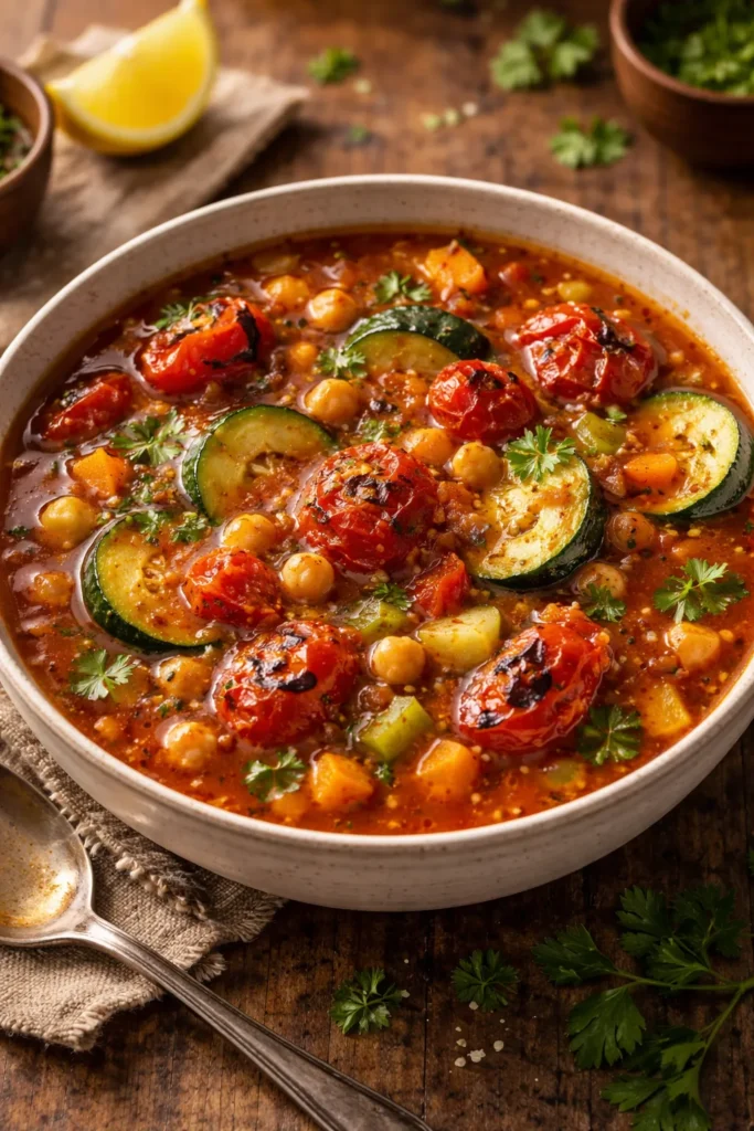 Steaming Fire-Roasted Tomato Vegetable Soup with chickpeas and zucchini
