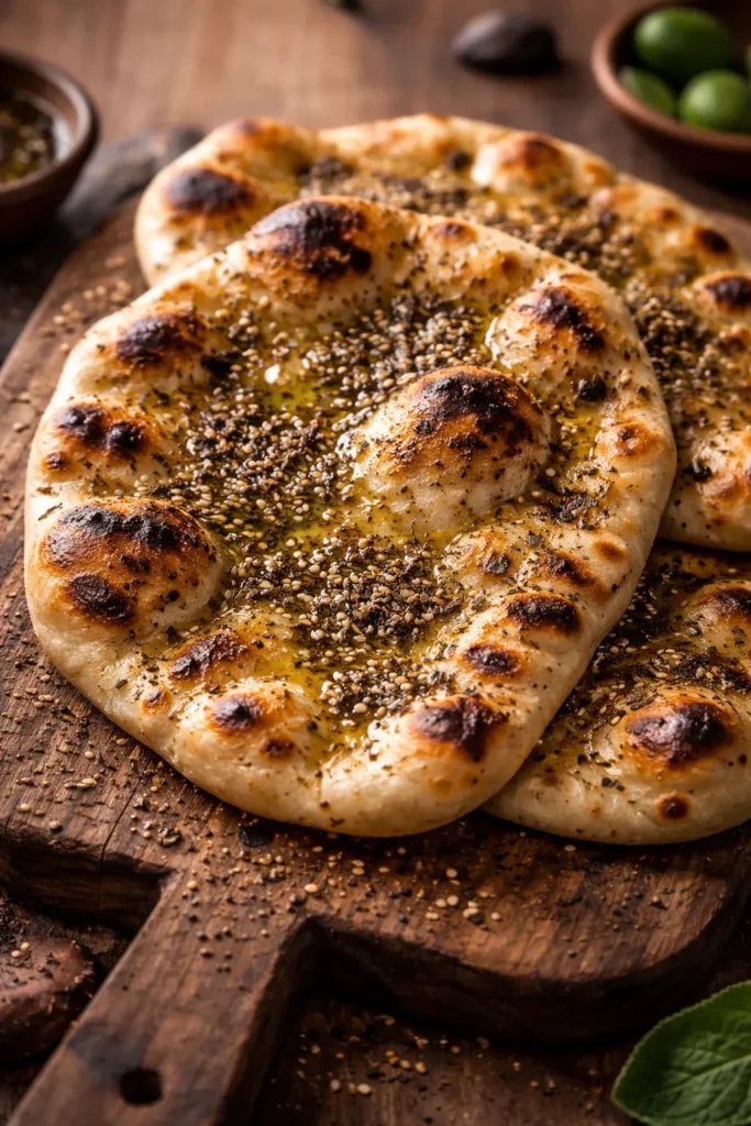Grilled flatbread with olive oil and za'atar on wooden board