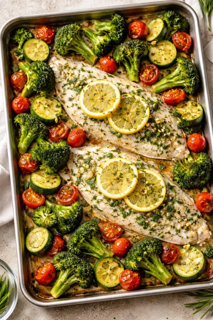 Baked flounder with lemon and roasted vegetables on a sheet pan