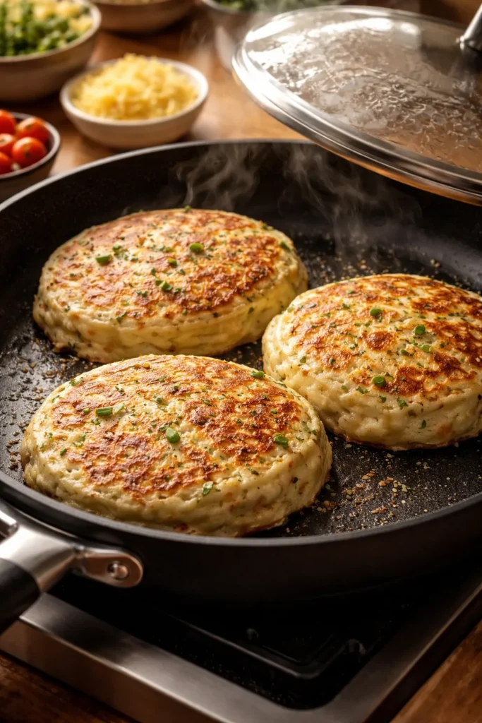 Fluffy savory pancakes cooking in a skillet with lid nearby