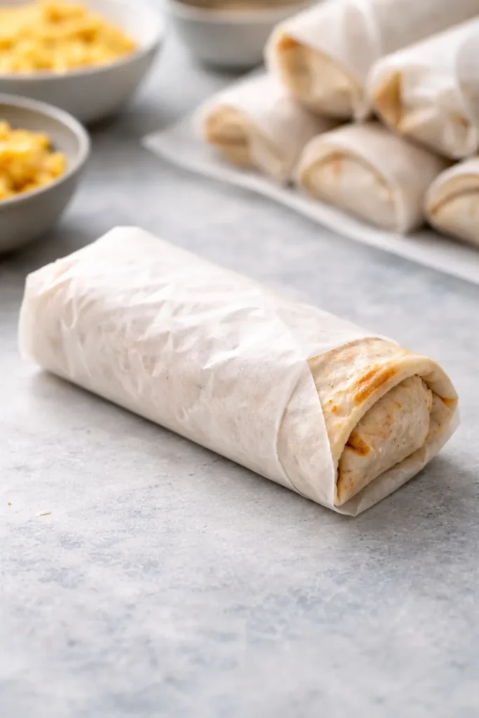 Parceled breakfast burrito wrapped in parchment, ready for freezing.
