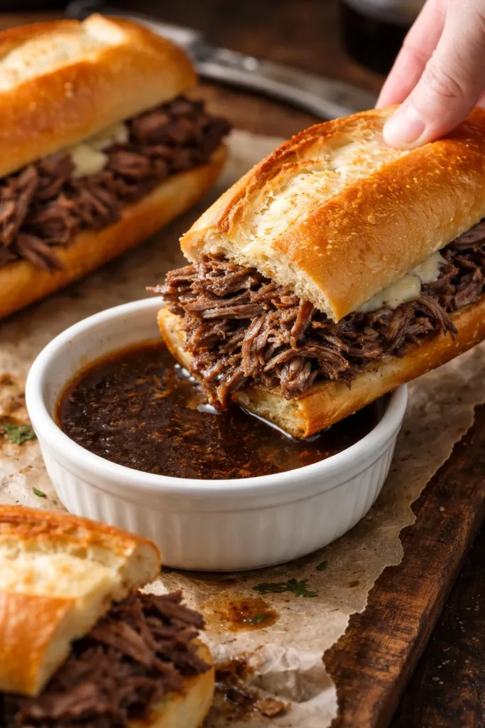 Close-up of beef on a crusty French roll for a French Dip sandwich