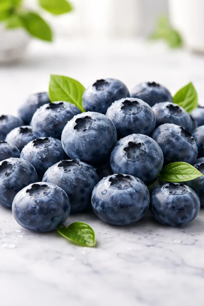 Close-up of fresh blueberries with bloom on a neutral surface