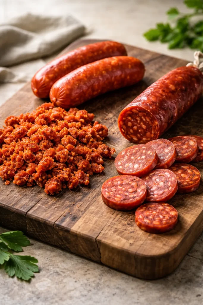 Fresh Mexican chorizo vs Spanish chorizo on a board